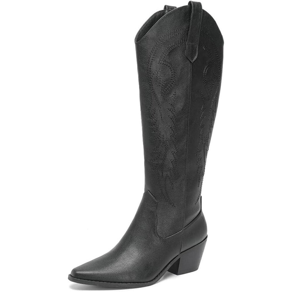 AMOJI Women Black Western Cowboy Boots Pointed Toe Mid Calf Cowgirl